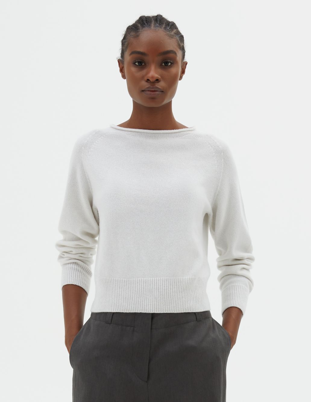 MARGARET HOWELL - White cashmere cotton rolled edge jumper 