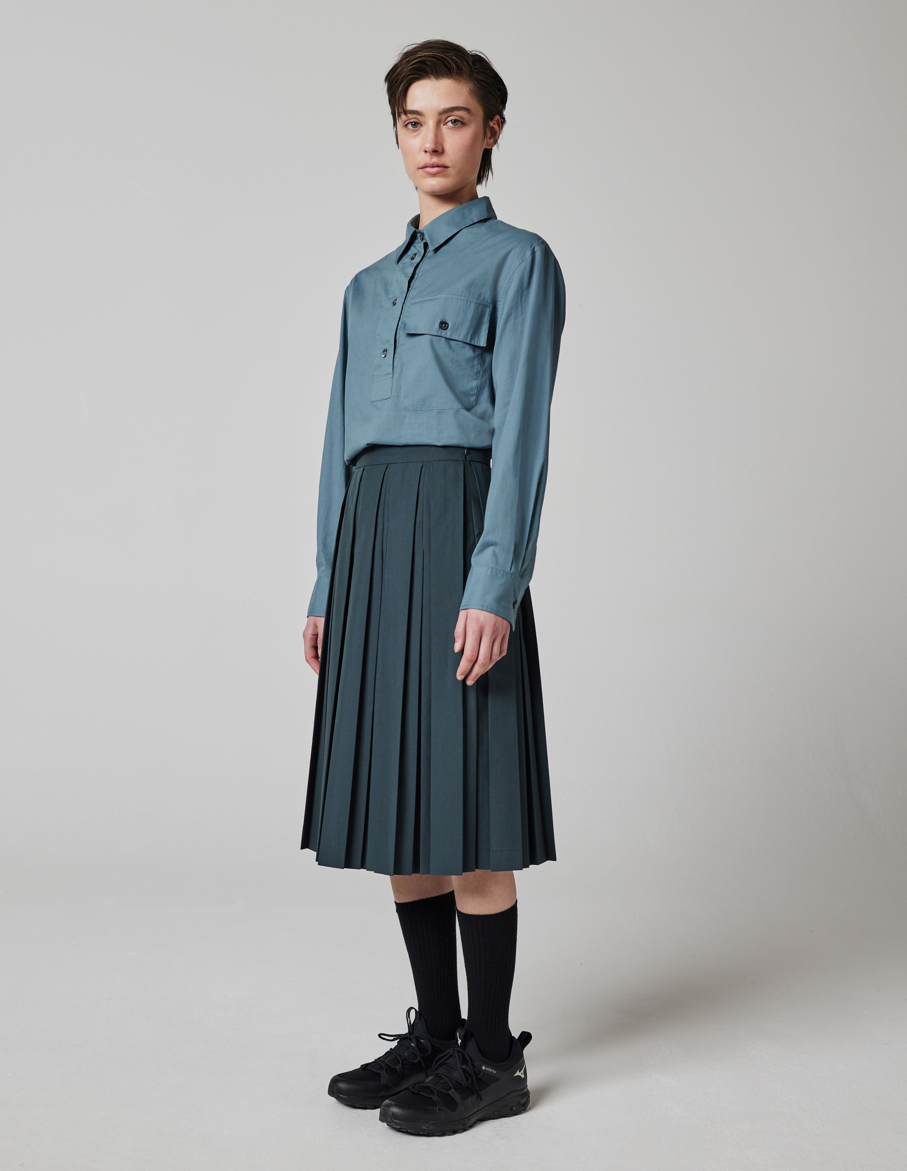 MARGARET HOWELL - Petrol cotton polyester modern pleat skirt | Margaret ...