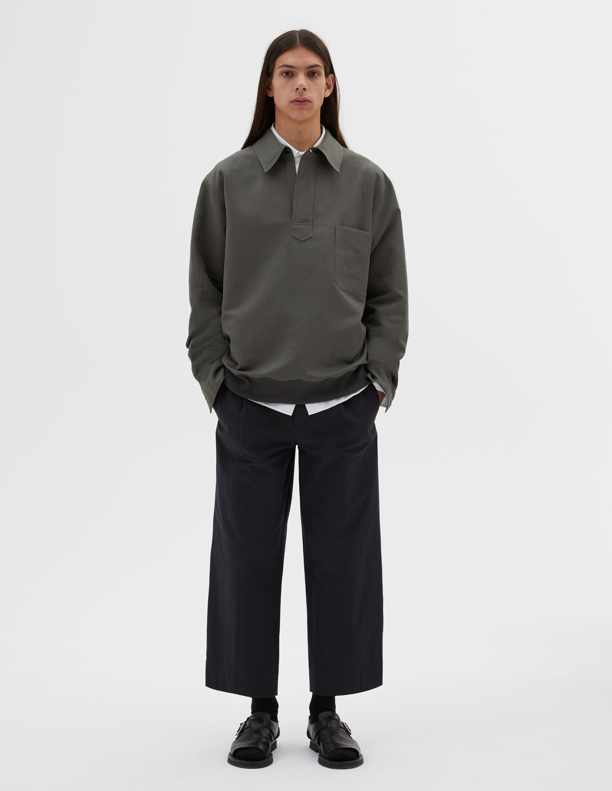 MARGARET HOWELL - Grey green cotton linen pull over shirt